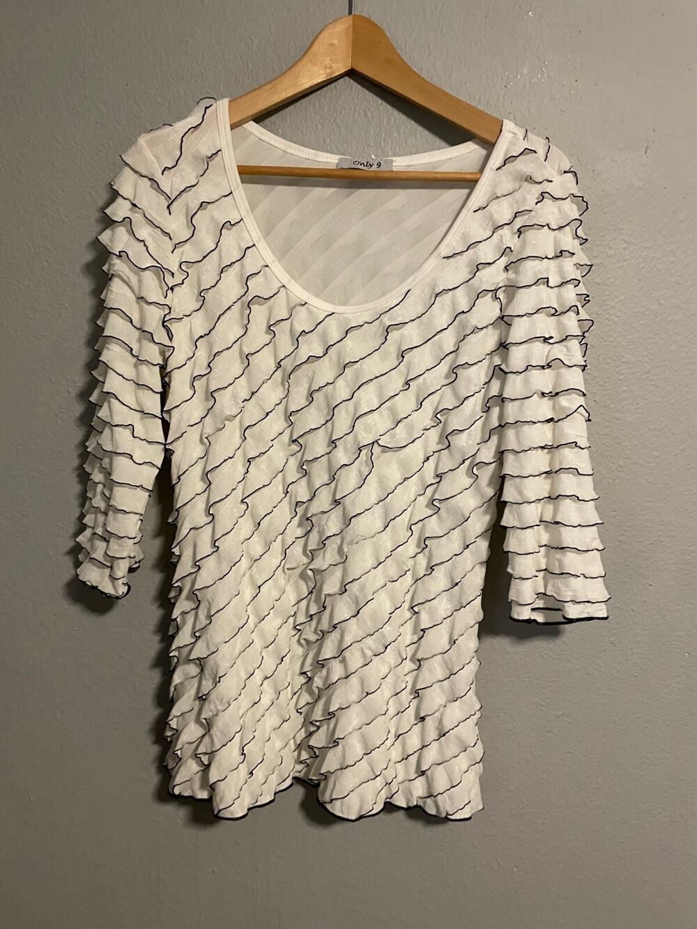 Vintage Womens Top Medium White Ruffle 3/4 Sleeve Stretch Fairy Clubwear 90s